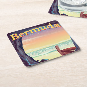 Bermuda Pirate Cave travel poster Square Paper Coaster