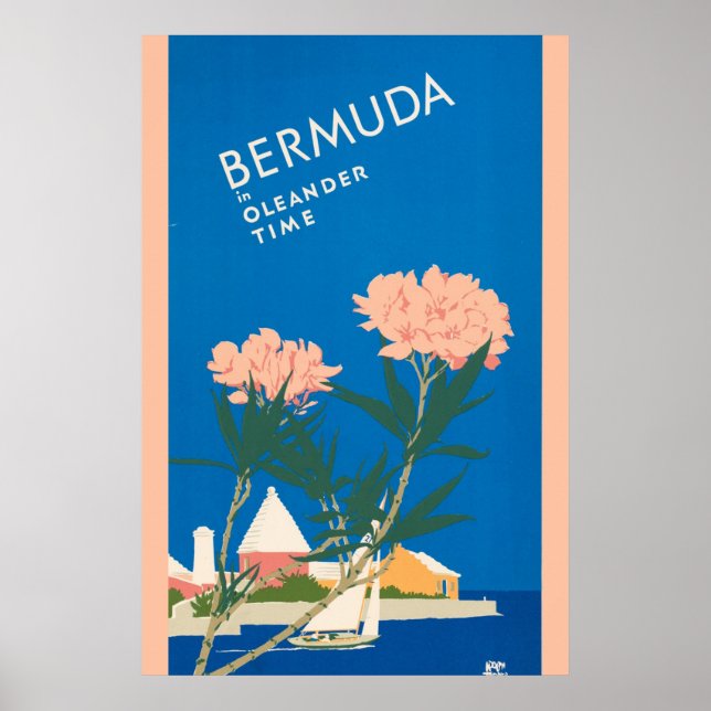Bermuda Vintage Travel Beach Pink Flowers Poster (Front)