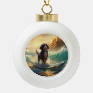 Bernedoodle Beach Surfing Painting  Ceramic Ball Christmas Ornament