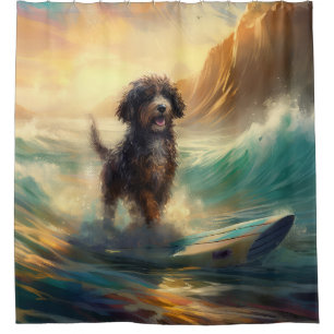 Bernedoodle Beach Surfing Painting  Shower Curtain
