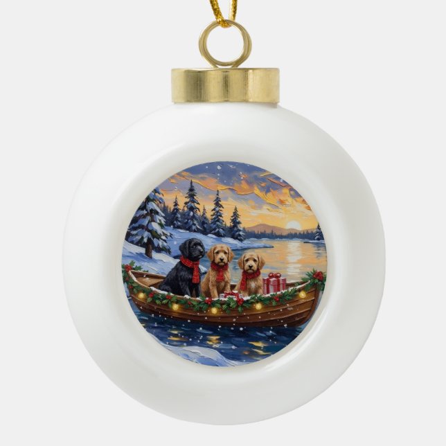 Bernedoodle Christmas Boat Holiday Ceramic Ball Christmas Ornament (Front)