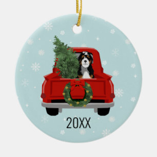 Bernedoodle christmas dog red truck ceramic ornament