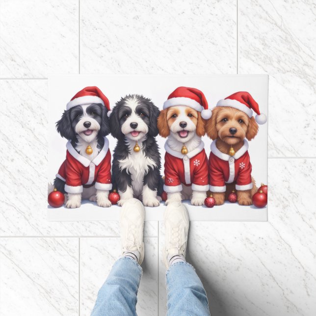 Bernedoodle Christmas Dress Santa Hat Doormat (Indoor)