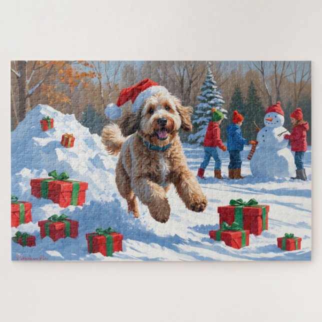 Bernedoodle Christmas Festive Snow Scene Jigsaw Puzzle (Horizontal)