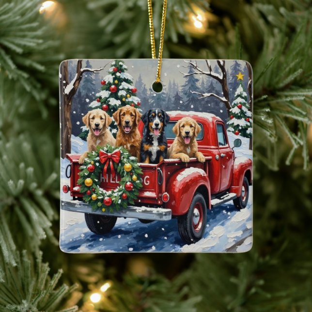 Bernedoodle Christmas Red Truck Holiday Ceramic Ornament (Tree)