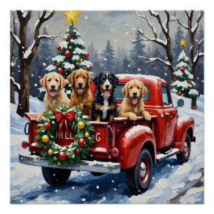 Bernedoodle Christmas Red Truck Holiday Poster