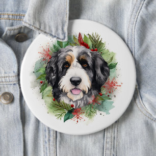 Bernedoodle Christmas Wreath Festive Pup 6 Cm Round Badge