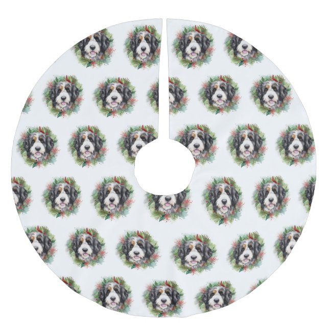 Bernedoodle Christmas Wreath Festive Pup Brushed Polyester Tree Skirt (Front)