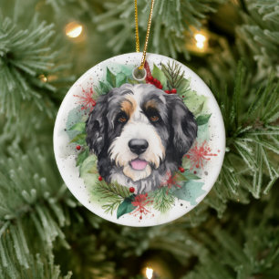 Bernedoodle Christmas Wreath Festive Pup Ceramic Ornament
