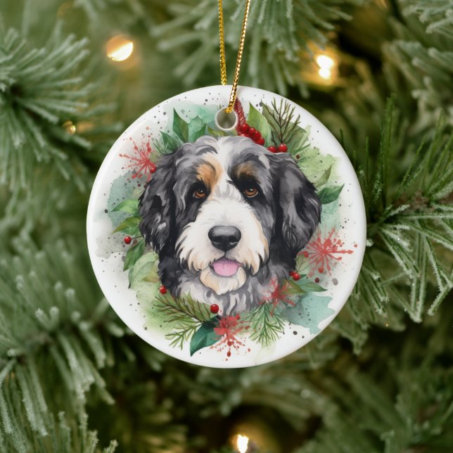 Bernedoodle Christmas Wreath Festive Pup Ceramic Ornament (Tree)