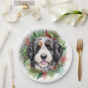 Bernedoodle Christmas Wreath Festive Pup Paper Plate