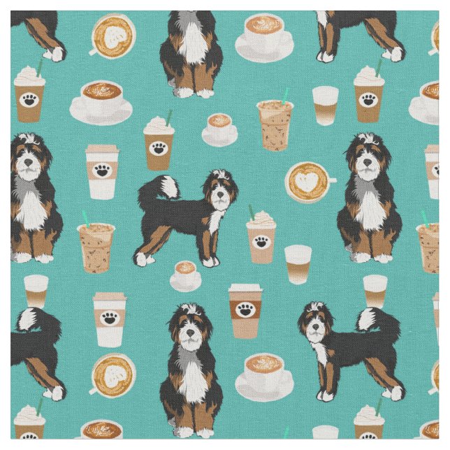 Bernedoodle dog coffee lover turquoise fabric (Close Up)