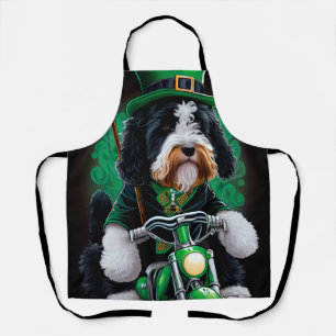 Bernedoodle Dog driving bike St. Patrick's Day Apron