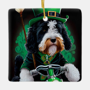 Bernedoodle Dog driving bike St. Patrick's Day Ceramic Ornament