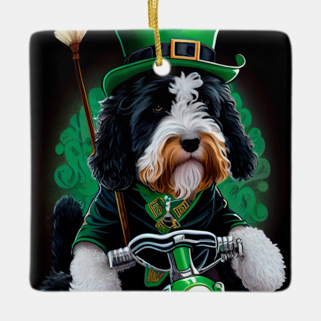 Bernedoodle Dog driving bike St. Patrick's Day Ceramic Ornament (Front)