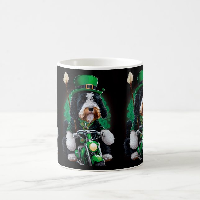 Bernedoodle Dog driving bike St. Patrick's Day Coffee Mug (Center)