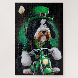 Bernedoodle Dog driving bike St. Patrick's Day Jigsaw Puzzle