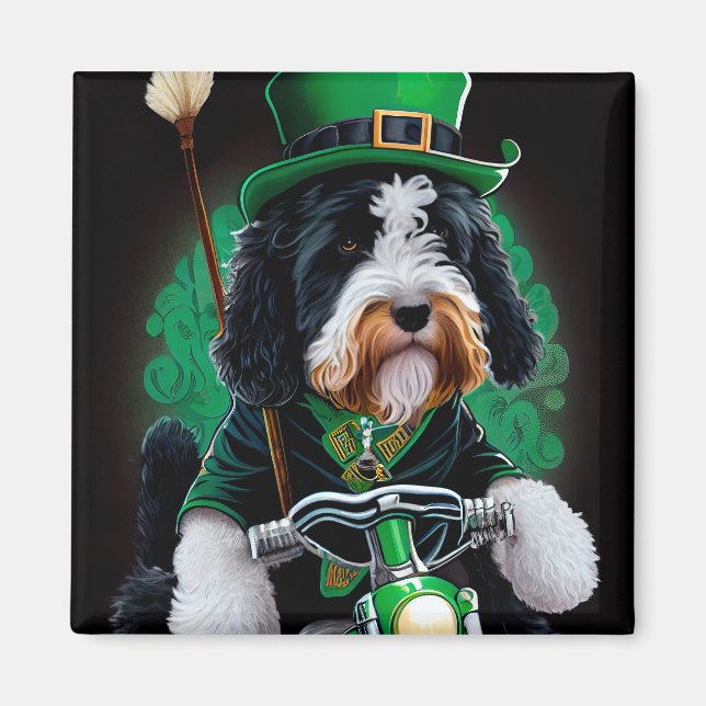 Bernedoodle Dog driving bike St. Patrick's Day Magnet (Front)