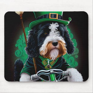 Bernedoodle Dog driving bike St. Patrick's Day Mouse Pad