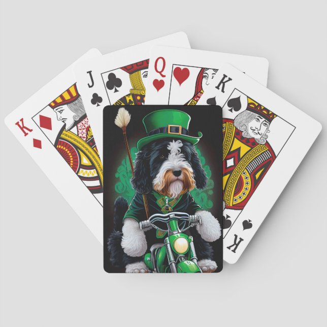 Bernedoodle Dog driving bike St. Patrick's Day Playing Cards (Back)