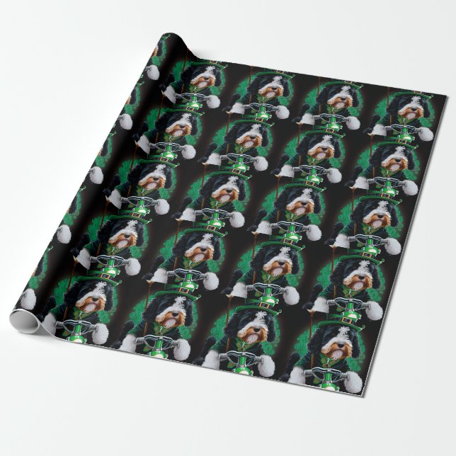 Bernedoodle Dog driving bike St. Patrick's Day Wrapping Paper (Unrolled)