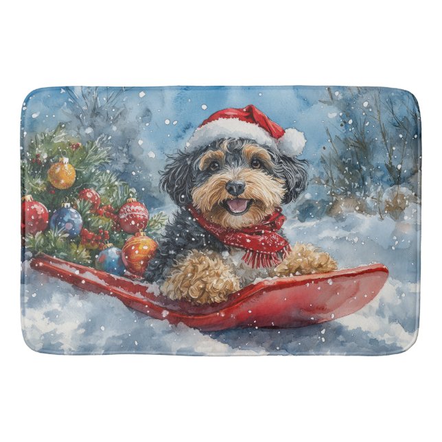 Bernedoodle Dog in Sledge Let it Snow Christmas Bath Mat (Front)