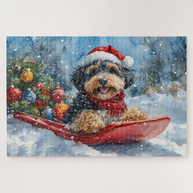 Bernedoodle Dog in Sledge Let it Snow Christmas Jigsaw Puzzle (Horizontal)