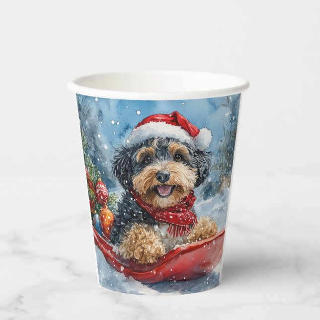 Bernedoodle Dog in Sledge Let it Snow Christmas Paper Cups (Front)