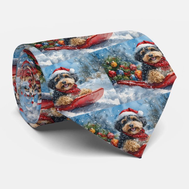 Bernedoodle Dog in Sledge Let it Snow Christmas Tie (Rolled)