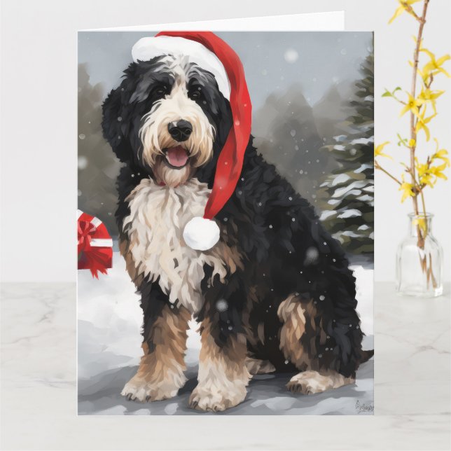 Bernedoodle Dog in Snow Christmas  Card (Yellow Flower)