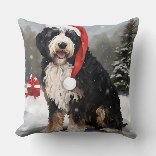 Bernedoodle Dog in Snow Christmas  Cushion (Front)
