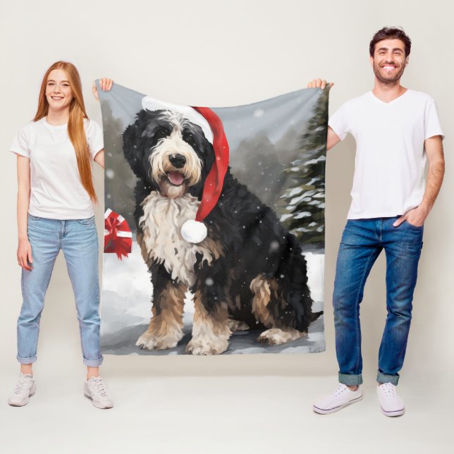 Bernedoodle Dog in Snow Christmas  Fleece Blanket (In Situ)