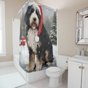 Bernedoodle Dog in Snow Christmas  Shower Curtain