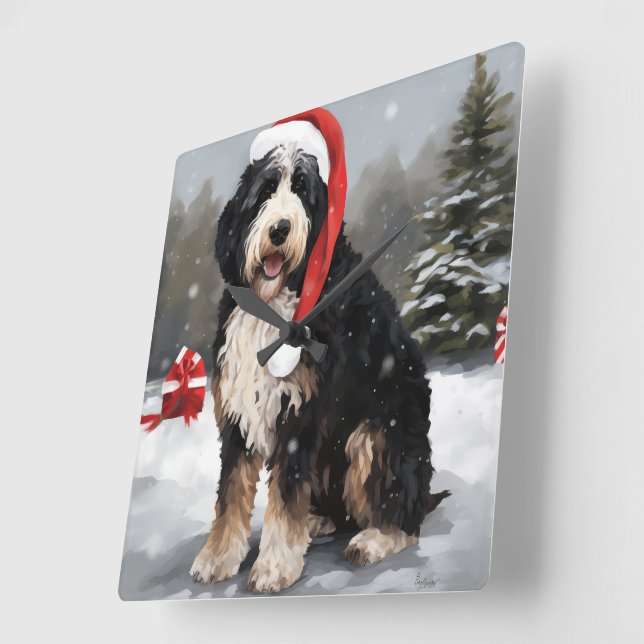 Bernedoodle Dog in Snow Christmas  Square Wall Clock (Angle)