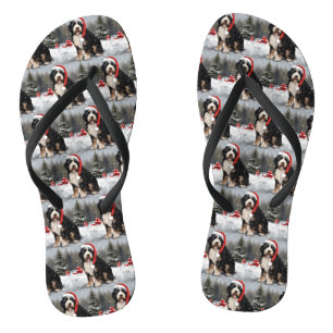 Bernedoodle Dog in Snow Christmas  Thongs