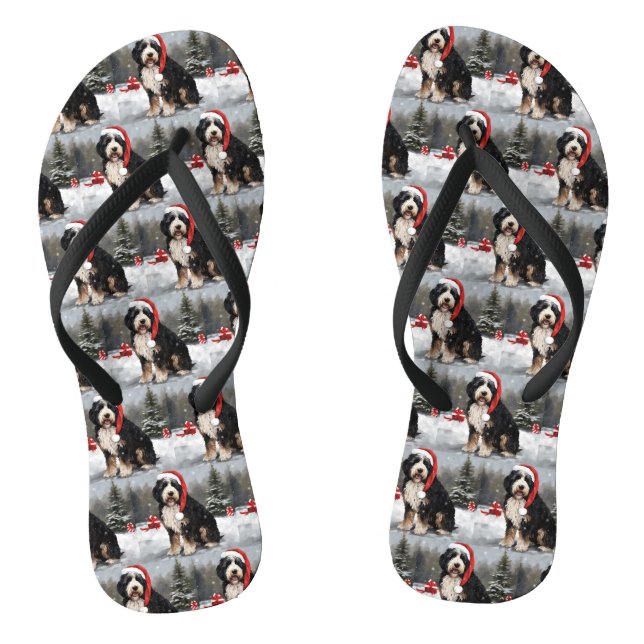 Bernedoodle Dog in Snow Christmas  Thongs (Footbed)