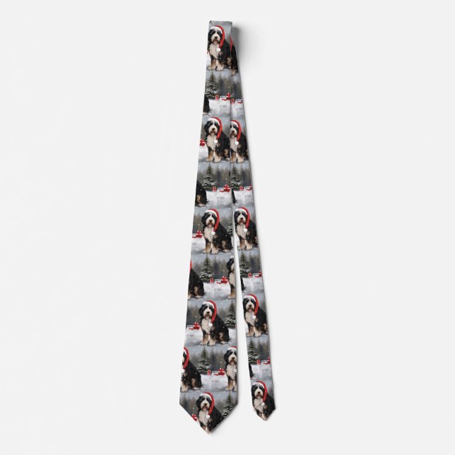 Bernedoodle Dog in Snow Christmas  Tie (Front)