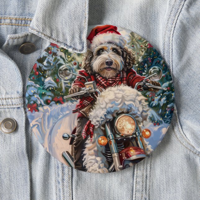 Bernedoodle Dog Riding Motorcycle Christmas 6 Cm Round Badge (In Situ)