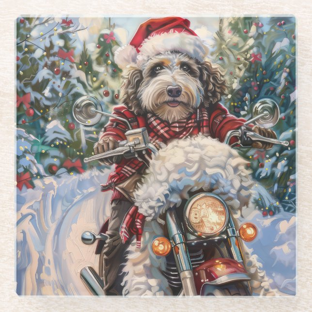 Bernedoodle Dog Riding Motorcycle Christmas Glass Coaster (Front)