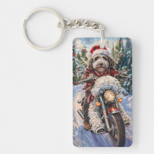 Bernedoodle Dog Riding Motorcycle Christmas Key Ring (Front)