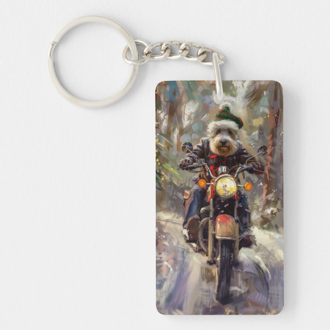 Bernedoodle Dog Riding Motorcycle Christmas  Key Ring (Front)