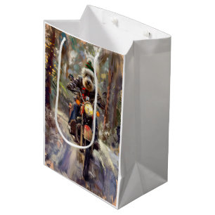 Bernedoodle Dog Riding Motorcycle Christmas Medium Gift Bag
