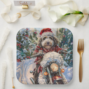 Bernedoodle Dog Riding Motorcycle Christmas Paper Plate
