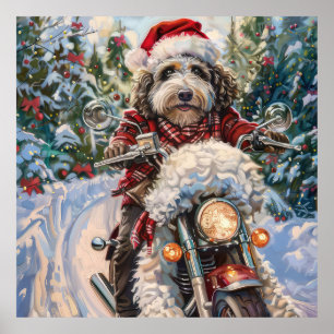 Bernedoodle Dog Riding Motorcycle Christmas Poster
