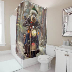Bernedoodle Dog Riding Motorcycle Christmas  Shower Curtain