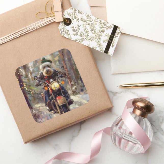 Bernedoodle Dog Riding Motorcycle Christmas  Square Sticker (Gifting)