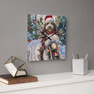Bernedoodle Dog Riding Motorcycle Christmas Square Wall Clock