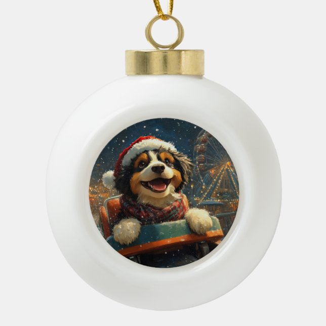 Bernedoodle Dog Roller Coaster Christmas  Ceramic Ball Christmas Ornament (Front)