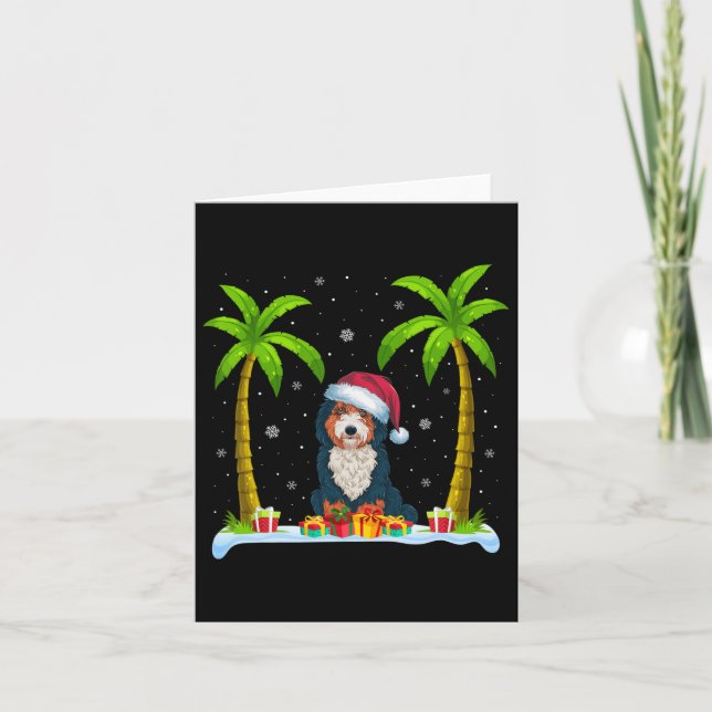 Bernedoodle Dog Santa Hat Palm Tree Beach Xmas Paj Card (Front)