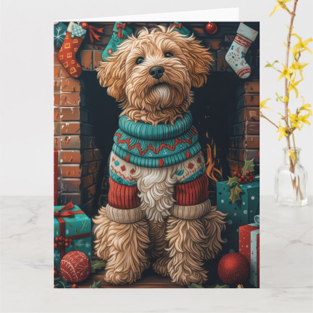 Bernedoodle Dog with Christmas Gifts Fireplace Card (Yellow Flower)